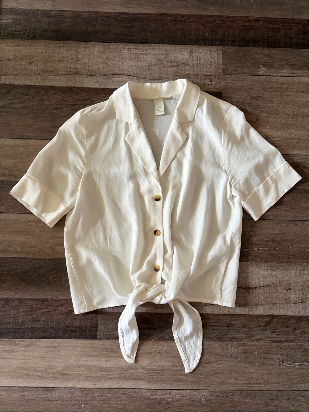 Cream Button-Front Tie Hem Top